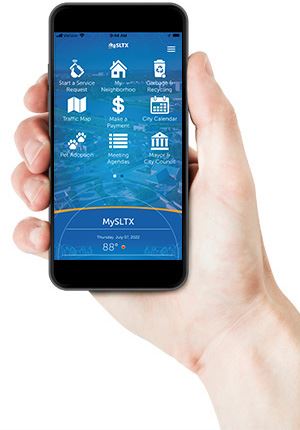 Example of the Mobile App menu shown on a phone held in hand