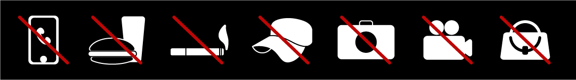 phones, Food & drink, smoking, hats, cameras, recording, and bags are not allowed in court