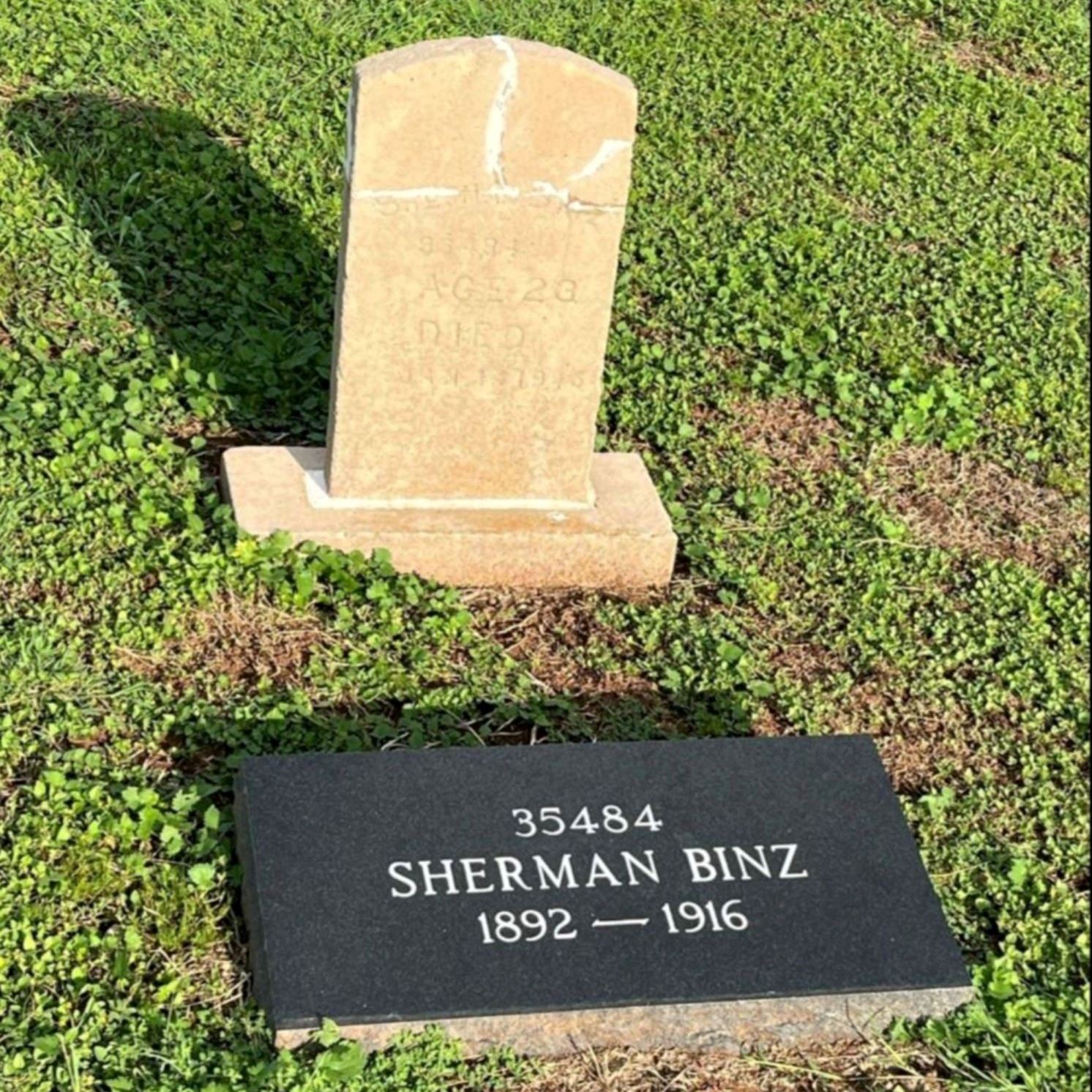 Post-Restoration of Sherman Binz's gravestone and pillow marker in 2023