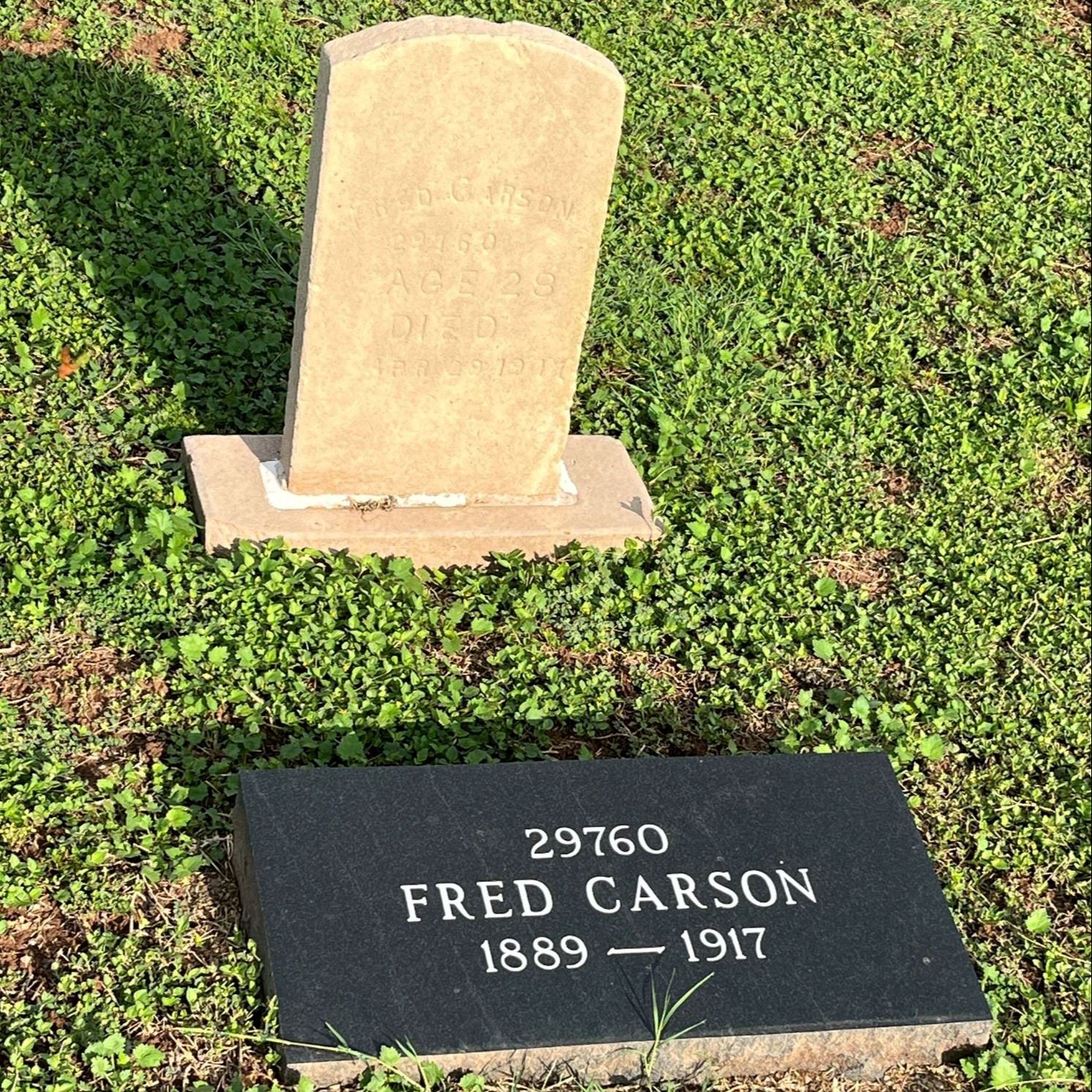 Post-Restoration of Fred Carson's gravestone and pillow marker in 2023