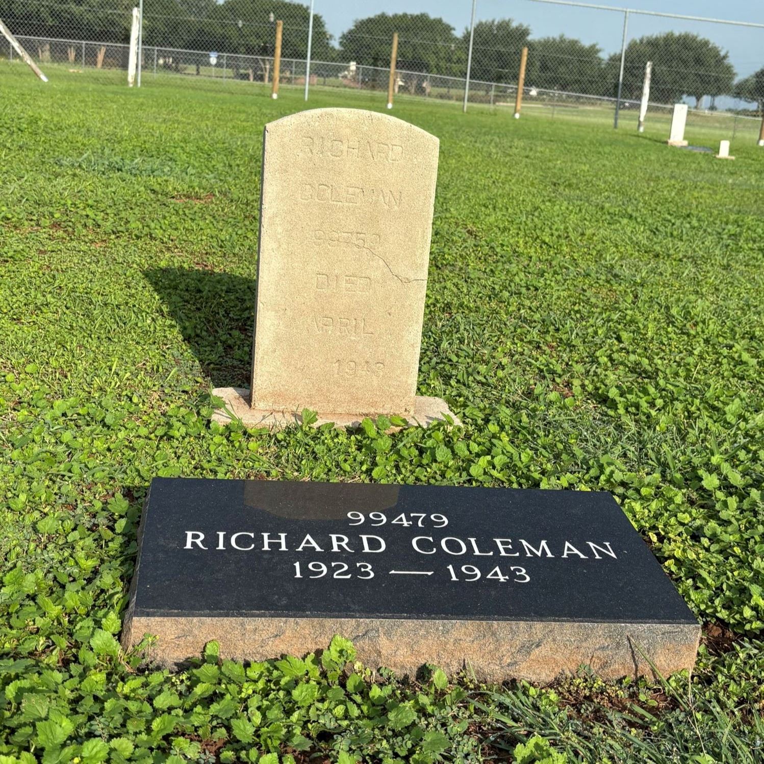 Post-Restoration of Richard Henry Coleman's gravestone and pillow marker in 2023