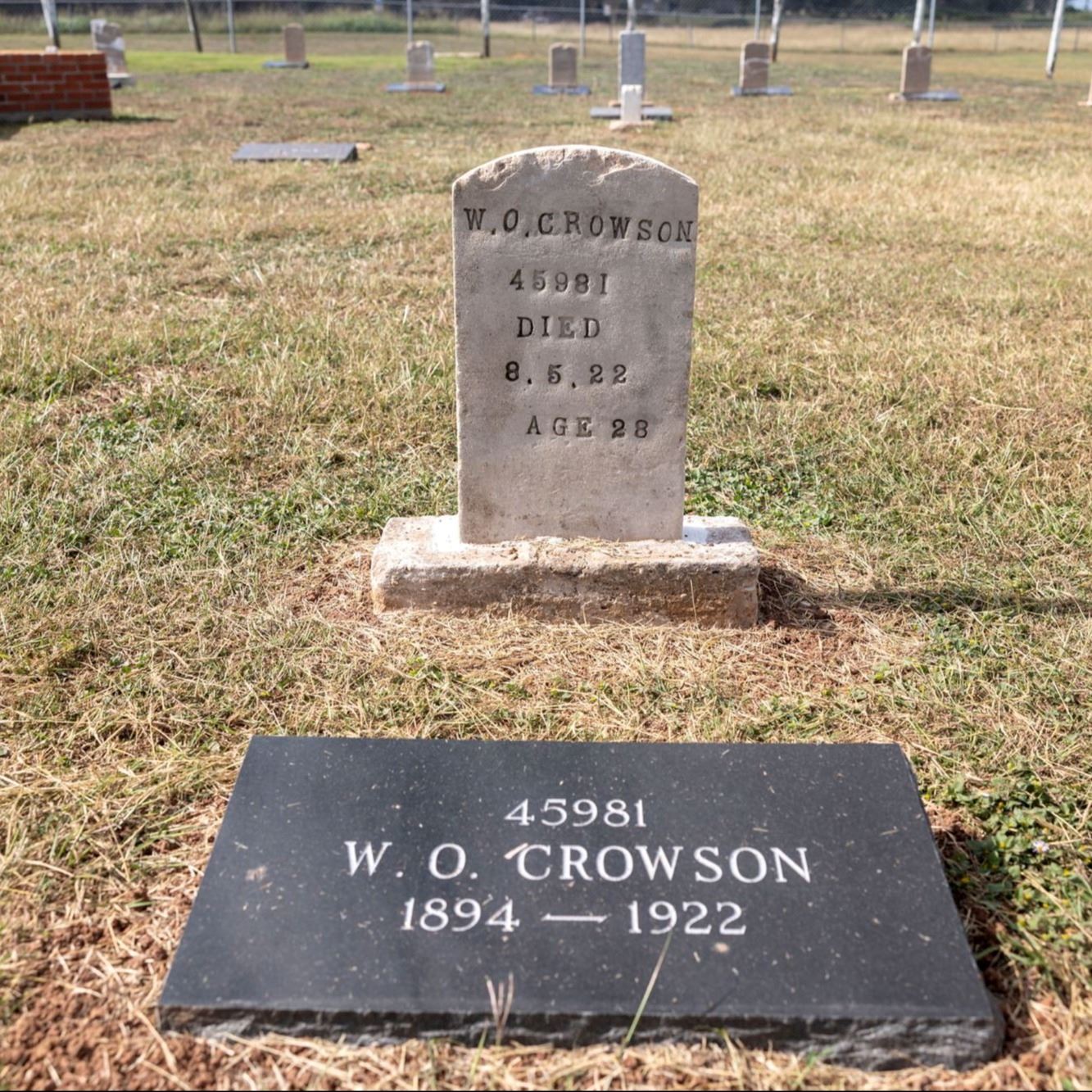 Post-Restoration of W. O. Crowson's gravestone and pillow marker in 2023