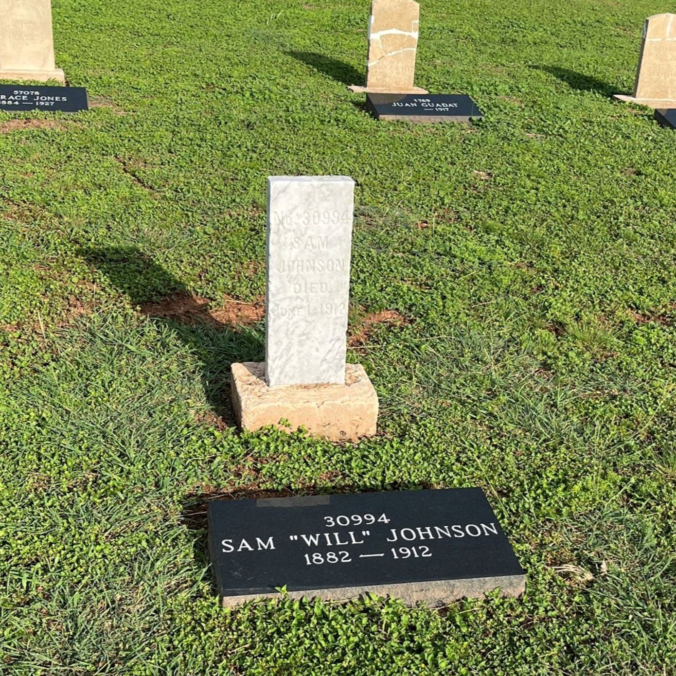 Post-Restoration of Sam "Will" Johnson's gravestone and pillow marker in 2023