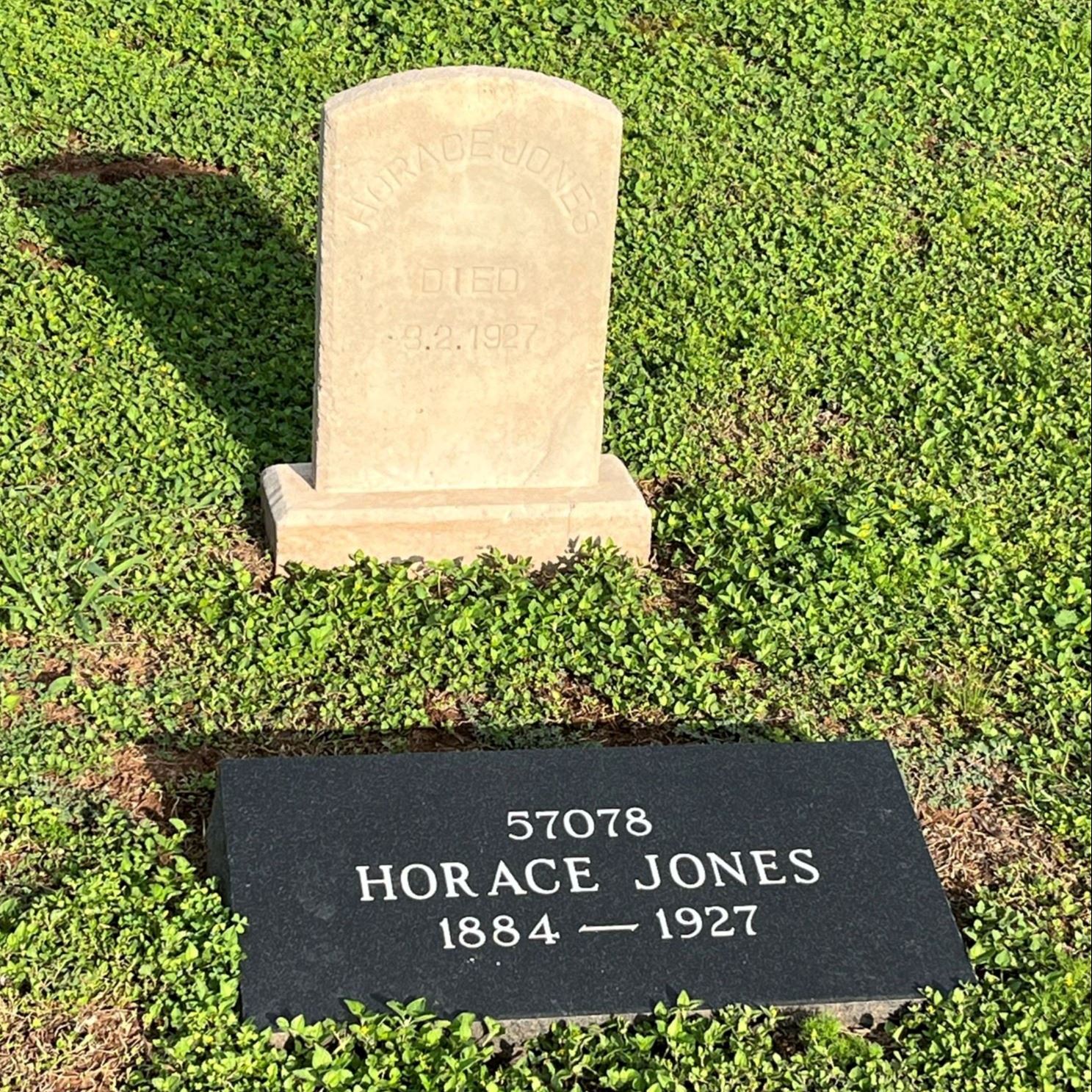 Post-Restoration of Horace Jones's gravestone 1 and pillow marker from 2023
