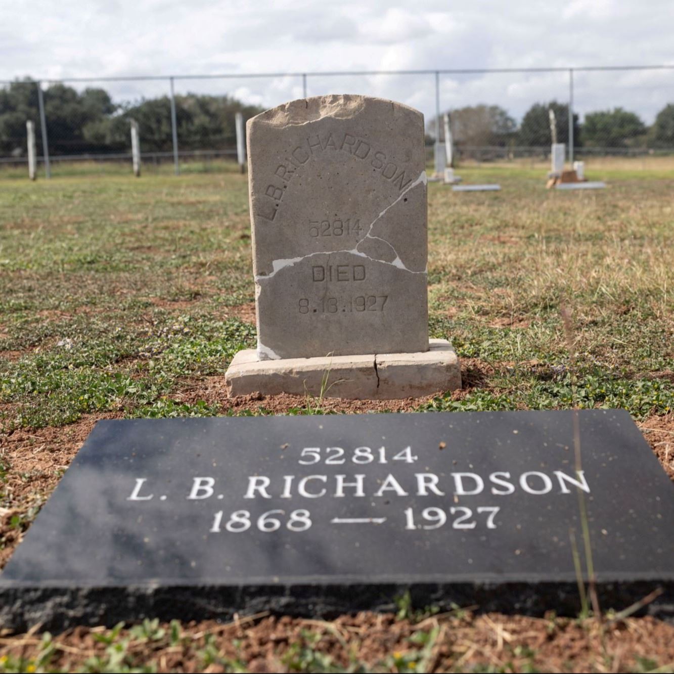 Post-Restoration of L. B. Richardson's gravestone and pillow marker in 2023
