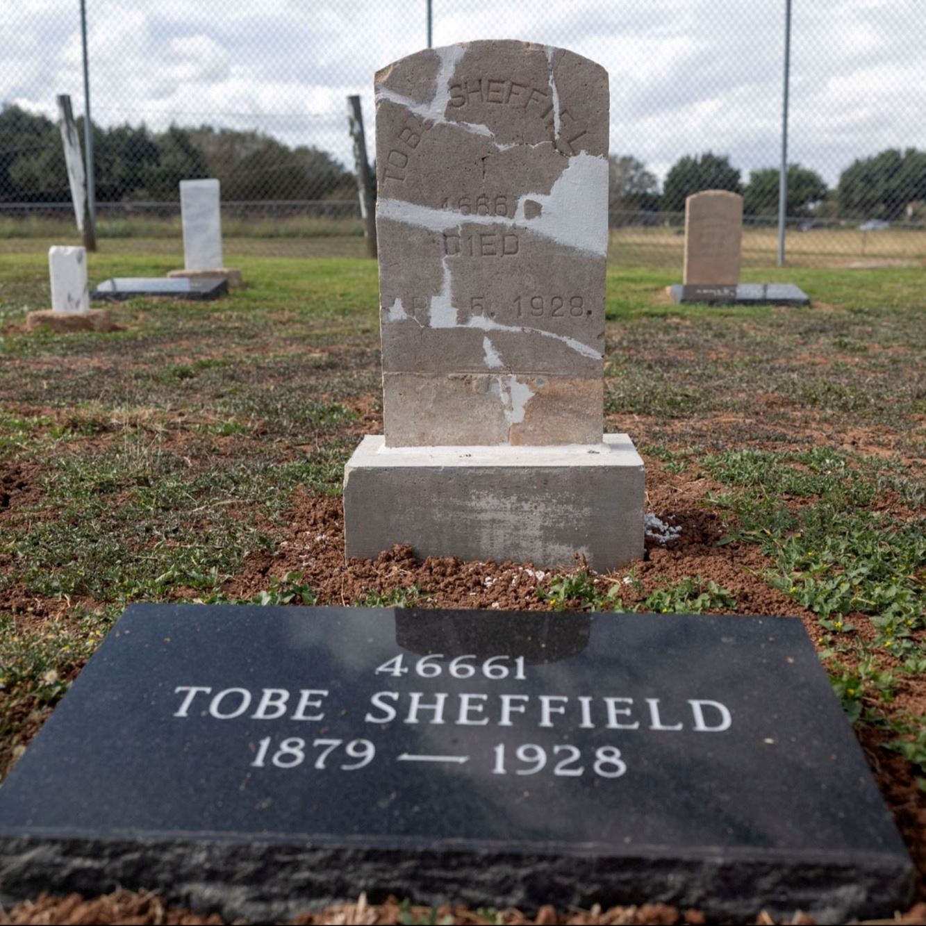 Post-Restoration of Tobe Sheffield's gravestone and pillow marker in 2023