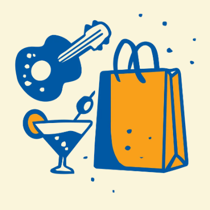 Musical Instruments and a shopping bag.